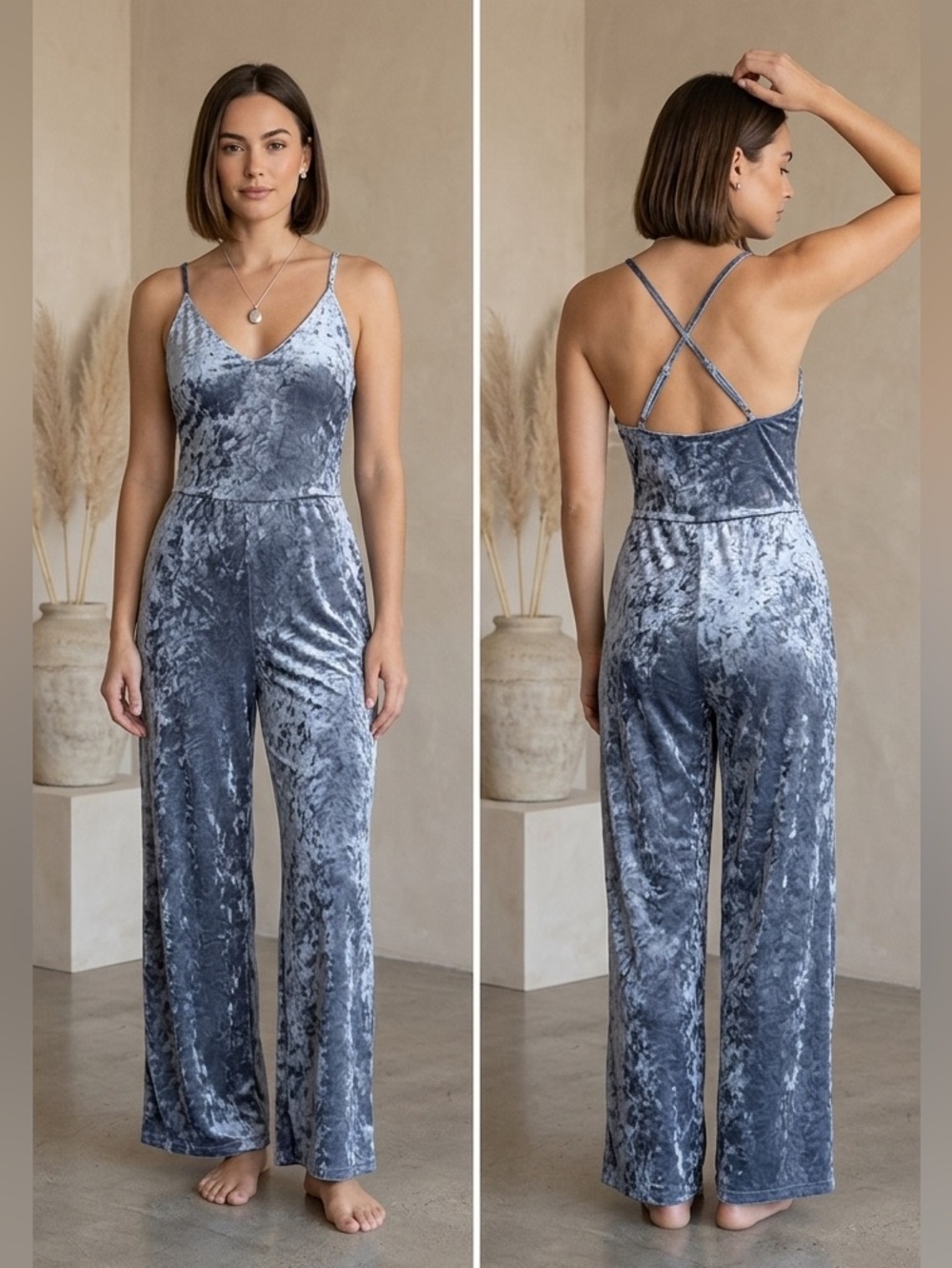 Snap Velvet Gray Bluish Cross Back Adjustable Straps Versatile Jumpsuit Size M